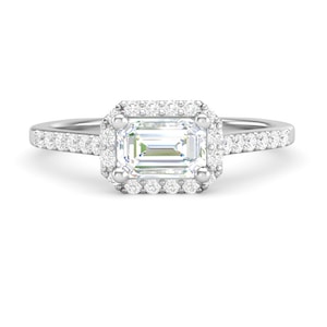 White Gold Engagement Ring Emerald Cut Halo Ring East West 14K Forever One Moissanite Semi Mount for 3/4ct EC Halo Ring For Her New Setting