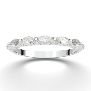 14K White Gold Vintage Moissanite Wedding Band, Art Deco Gemstone Ring