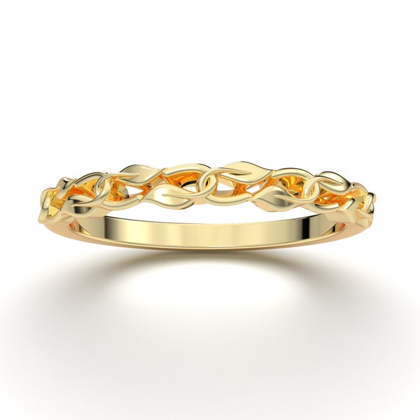 Anillo de rama de hoja de oro sólido de 14K, anillo de boda de hoja de oro, anillo de capas, anillo de vid, anillo de laurel, joyería de la naturaleza, anillo de ramita, regalo para las mujeres