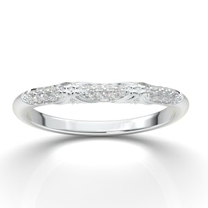 14K White Gold Vintage Curved Diamond Wedding Band, Art Deco Stackable Ring
