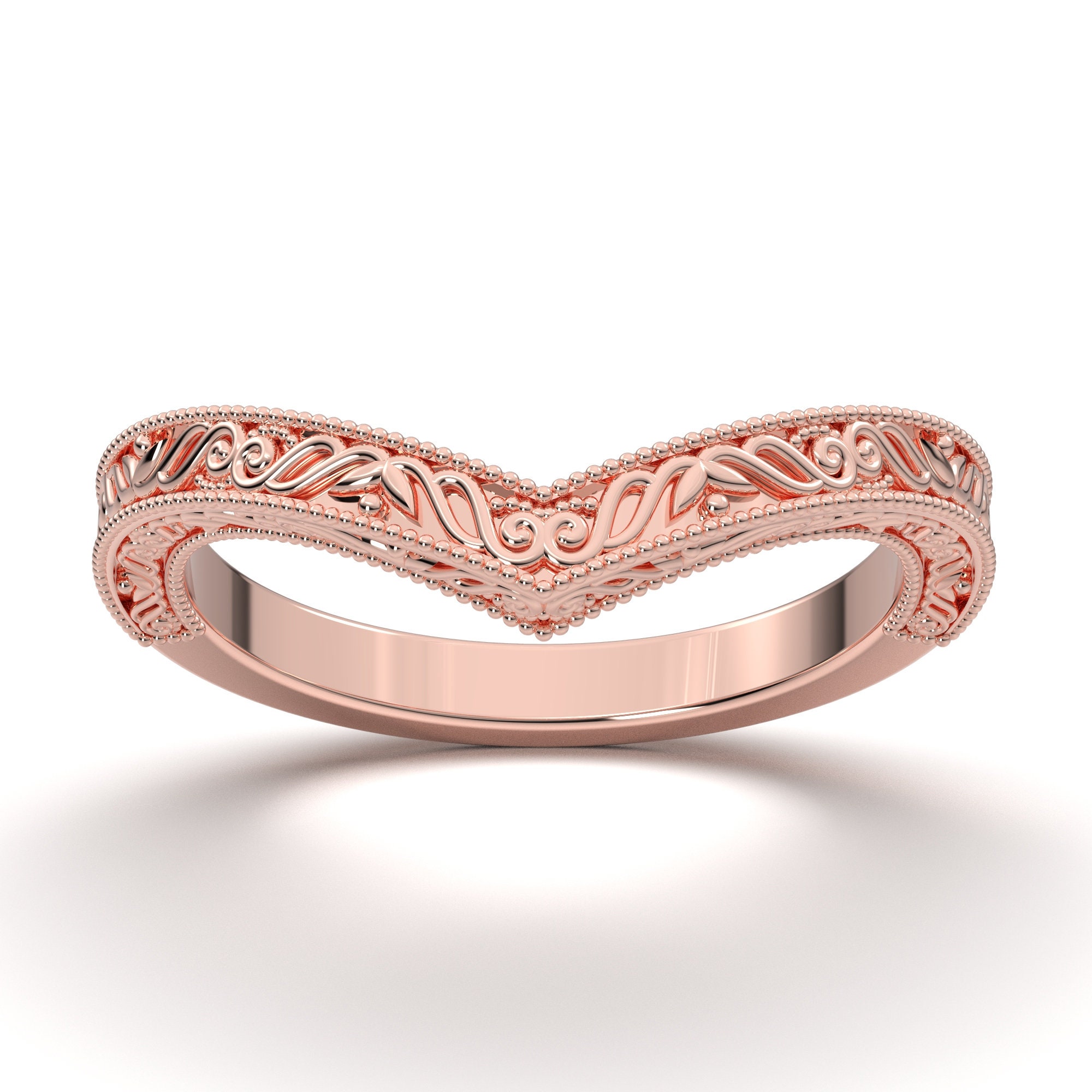 V Pointed Wedding Ring Vintage Style Engraved Wedding Band Etsy