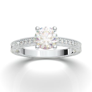 White Gold Engagement Ring, Art Deco Vintage Ring, 14K White Gold Ring, Moissanite Ring for Women, Diamond Wedding Ring Promise Ring For Her