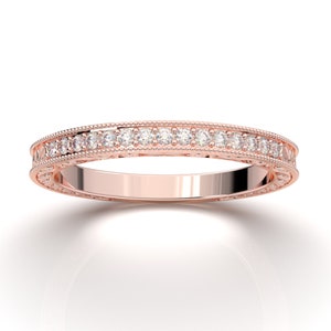 Rose Gold Ehering, 14K Rose Gold stapelbarer Ring, Vintage passender Ring, Milgrain Band, halbes Eternity Band, Jahrestagsgeschenk für sie
