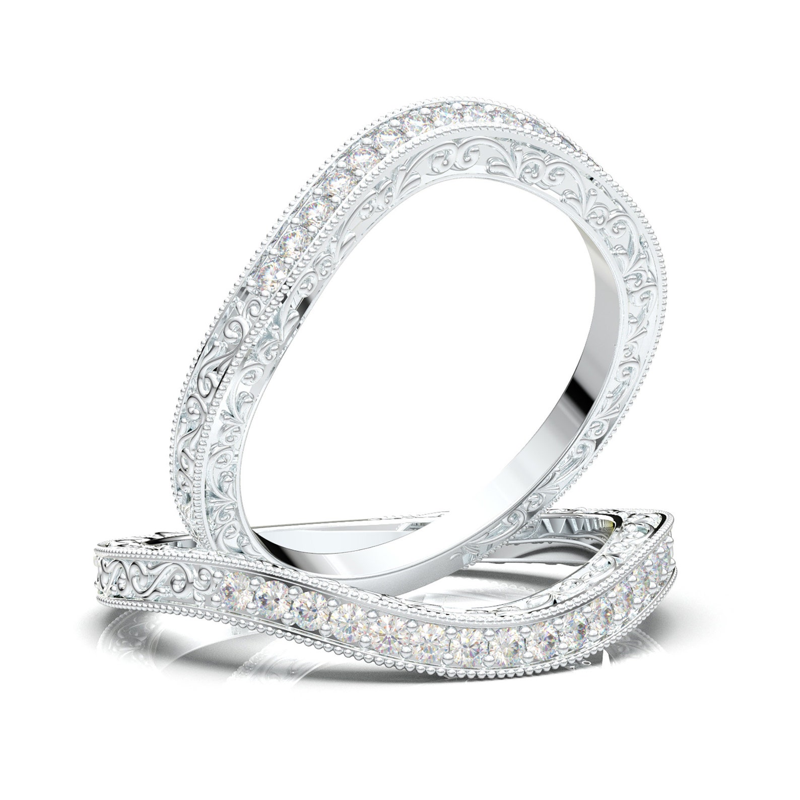 14K White Gold Wedding Band/ Curved Contour Band/ Vintage Filigree Band 14K White Gold Wedding Band/ Curved Contour Band/ Vintage Filigree Band