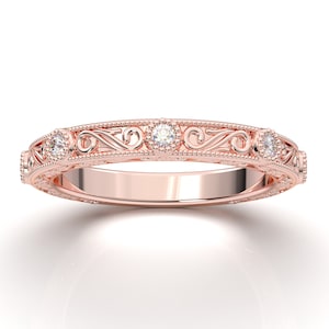 Art Deco Ring, Filigree Antique Wedding Band, 14K Rose Gold Vintage Ring, Milgrain Diamond Band, Engagement Anniversary Band, Gift For Her
