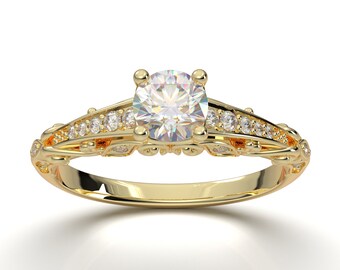 Gelb Gold Vintage Filigran Ring Antiker Ring Milgrain Ring Semi Mount Für Sie 1 ct Für immer Eins Farblos Moissanite Center Neue 14K Einstellung