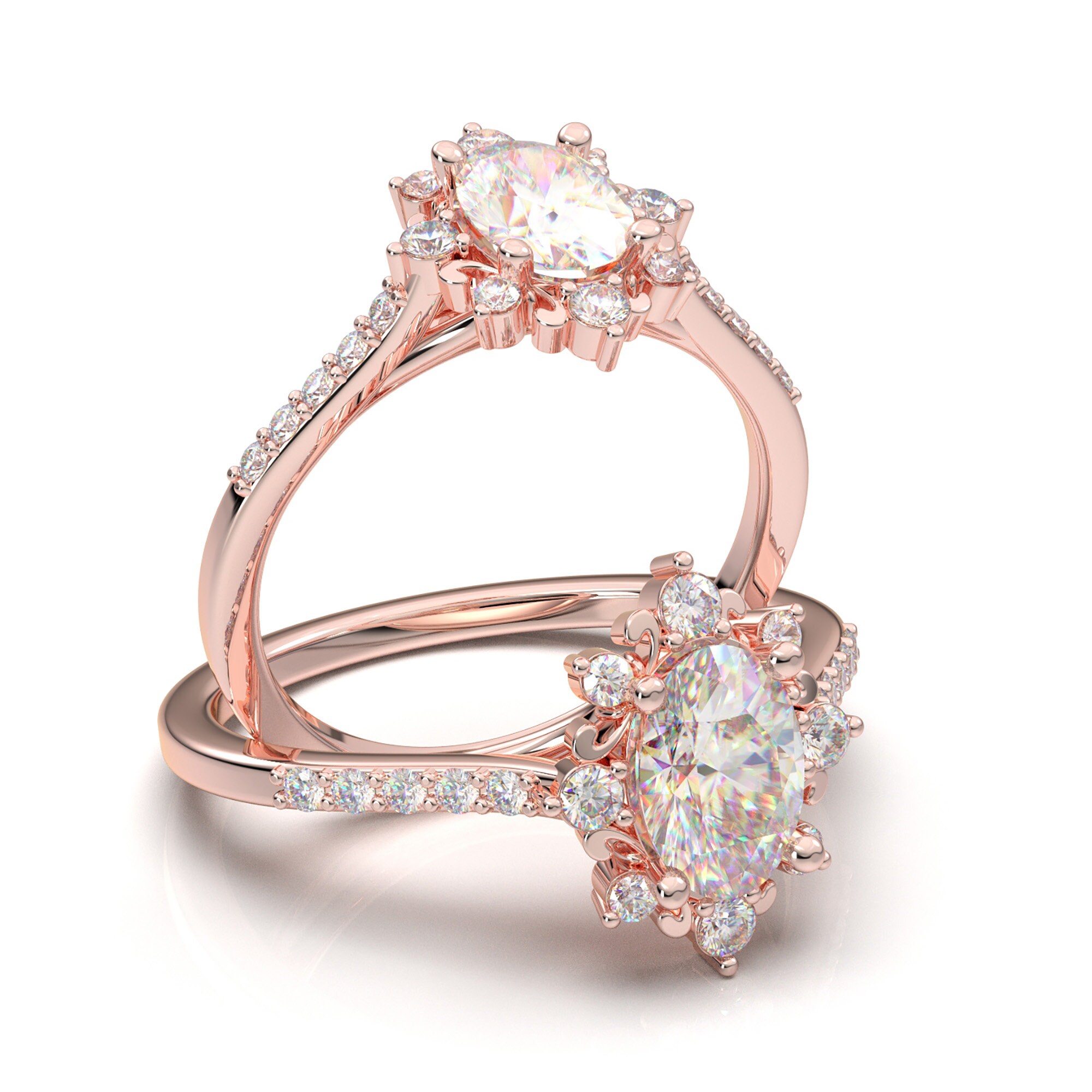 Natural AAA Opal Wedding Bridal Ring Vintage Art deco Ring Moissanite Halo Ring Prong Ring Antique Ring Pear Ring Solitaire Bend Ring