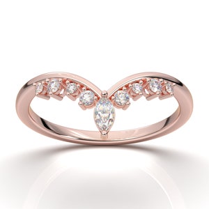 Rose Gold V-Band Curved Crown Marquise Band Chevron Stacking Vintage Art Deco Band Curved Contour Band Moissanite Ring Diamond Wedding Band