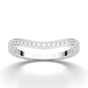 14K White Gold Wedding Band/ Curved Contour Band/ Vintage Filigree Band/ Stackable Ring/ Milgrain Band/ Half Eternity Band/ Anniversary Gift