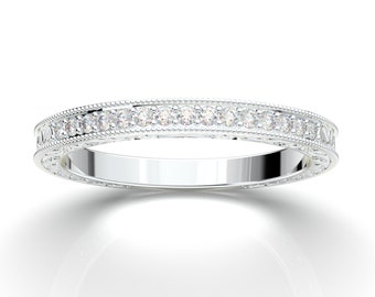 14K White Gold Art Deco Milgrain Moissanite Wedding Band, Vintage-Look Gemstone Ring