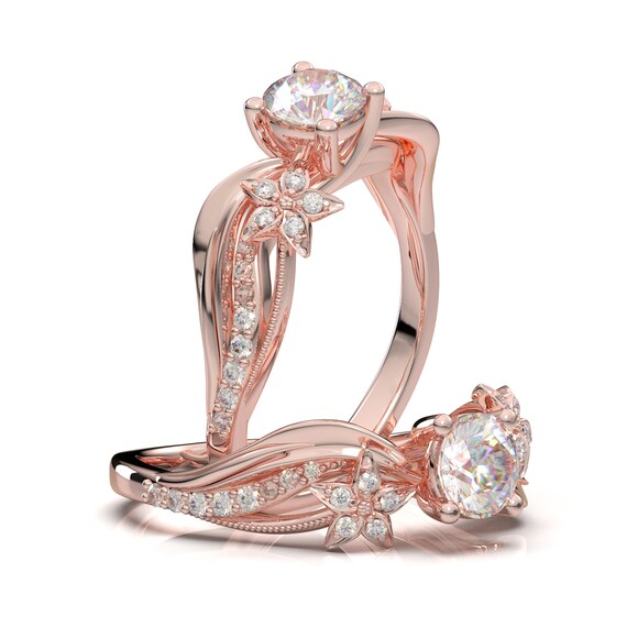 14k anillo de compromiso de flores rosa anillo de oro Milgrain | Etsy México