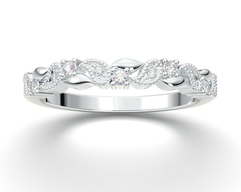 Art Deco Vintage Leaf Wedding Band, White Gold Floral Ring, Leaf Diamond Wedding Band, Vintage Diamond Ring, Layering Vine Band, Twig Ring