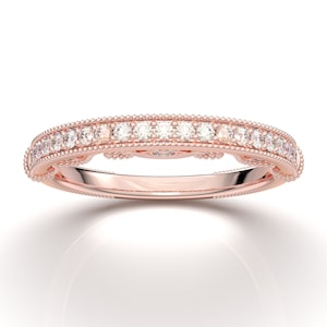 Rose Gold Vintage Wedding Band Filigree Antique Art Deco Band Unique Floral Band Scroll Milgrain Band Diamond F1 Moissanite Wedding Band