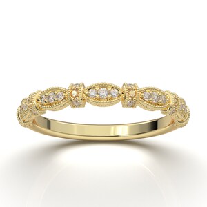 4K Yellow Gold Art Deco Wedding Band with Diamond Filigree and Milgrain Details - Vintage Engagement or Anniversary Ring