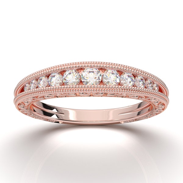 Banda Art Déco Banda Vintage Ouro Rosa Banda Milgrain Banda Filigrana Banda de Casamento Empilhável Banda de Canal Banda de Noivado Banda de Aniversário 14K