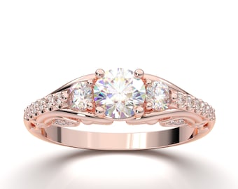 Rose Gold Vintage Filigree Ring Royal Three Stone Ring Antique Ring Art Deco Milgrain Ring Semi Mount Her Forever One Colorless Moissanite