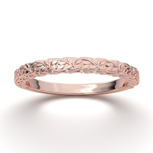 Antique Filigree Ring, Floral Engraving Wedding Band, Women Wedding Ring, Rose Gold Vintage Inspired Ring, Matching Anniversary Ring, 14K