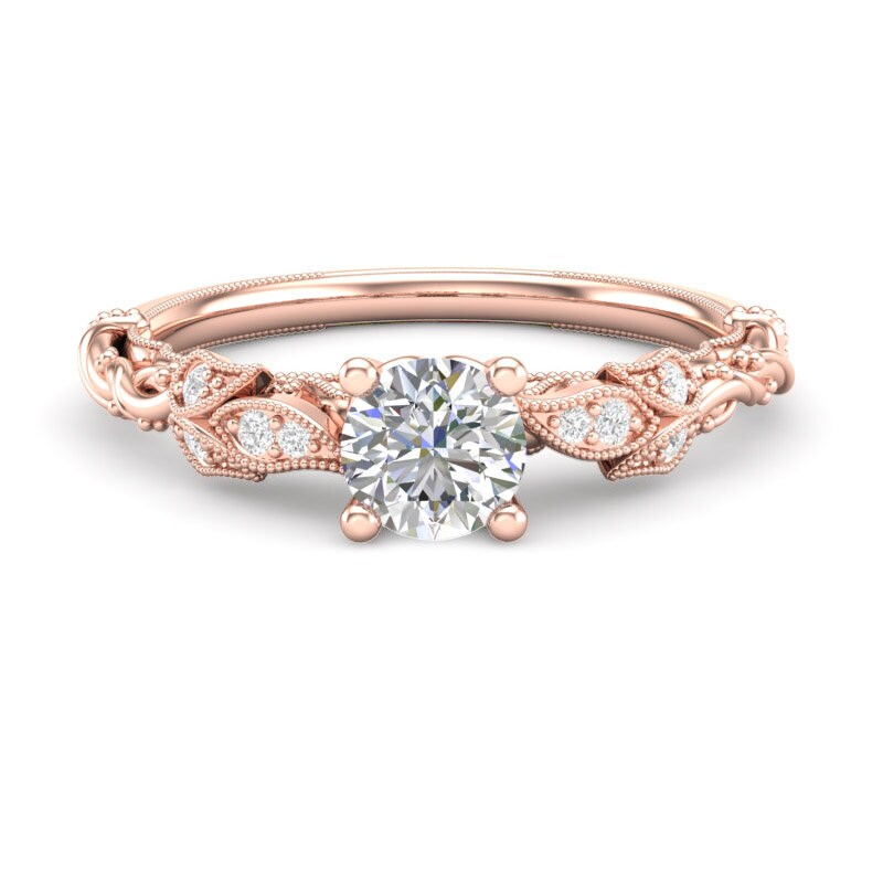 14k Floral Engagement Ring/ Rose Gold Diamond Ring/ Milgrain | Etsy
