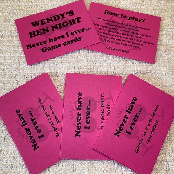 Personalised Hen Night Never Have I Ever Game Cards Party Games 40 Cards in pack (ref 104)