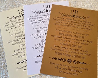 Wedding Game Cards - I SPY - Wedding Dare Dares - Words of Wisdom - Personalised (ref W102)