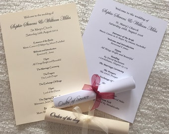 Personalised Wedding Order of Service / Order of Day / Ceremony Scroll Cards A5