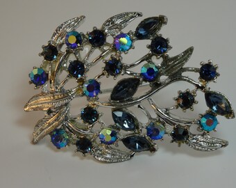 Vintage brooch, blue stones, blue aurora borriallis,blue Marquise rhinestones,silver tone, silver tone leaves.