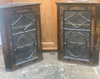 A Near Pair of Small Lacquer Corner Cupboards C1920.