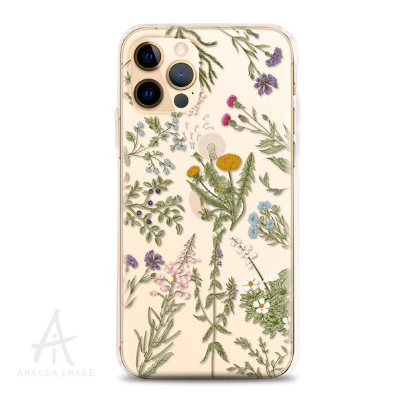 Wild Meadow Flowers and Plants Clear Hybrid case with Design for iPhone 14/13Pro/12Pro Max/13 Mini/11Pro/11Pro/X/XsMax....  h250