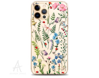 Wild Flowers and Ladybugs, Plants Clear Hybrid case for iPhone 14/13Pro/12Pro Max/13 Mini/11Pro/11Pro/X/XsMax....  h262