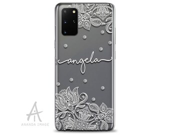 White Minimal Floral Ornament, Custom name Clear Phone case with Design for iPhone, Samsung Galaxy and Huawei   102