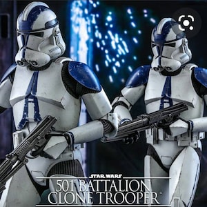 May include: Two Star Wars 501st Battalion Clone Troopers in white and blue armor, holding blasters. One trooper is making a peace sign. The image has the text "STAR WARS 501 BATTALION CLONE TROOPER".