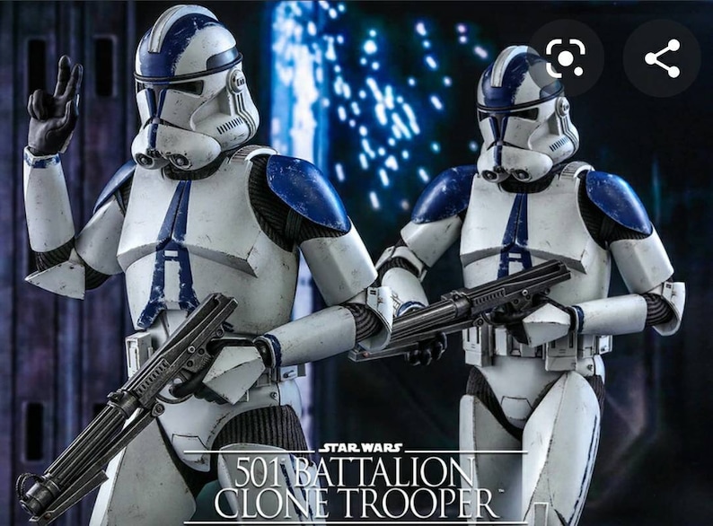 May include: Two Star Wars 501st Battalion Clone Troopers in white and blue armor, holding blasters. One trooper is making a peace sign. The image has the text "STAR WARS 501 BATTALION CLONE TROOPER".