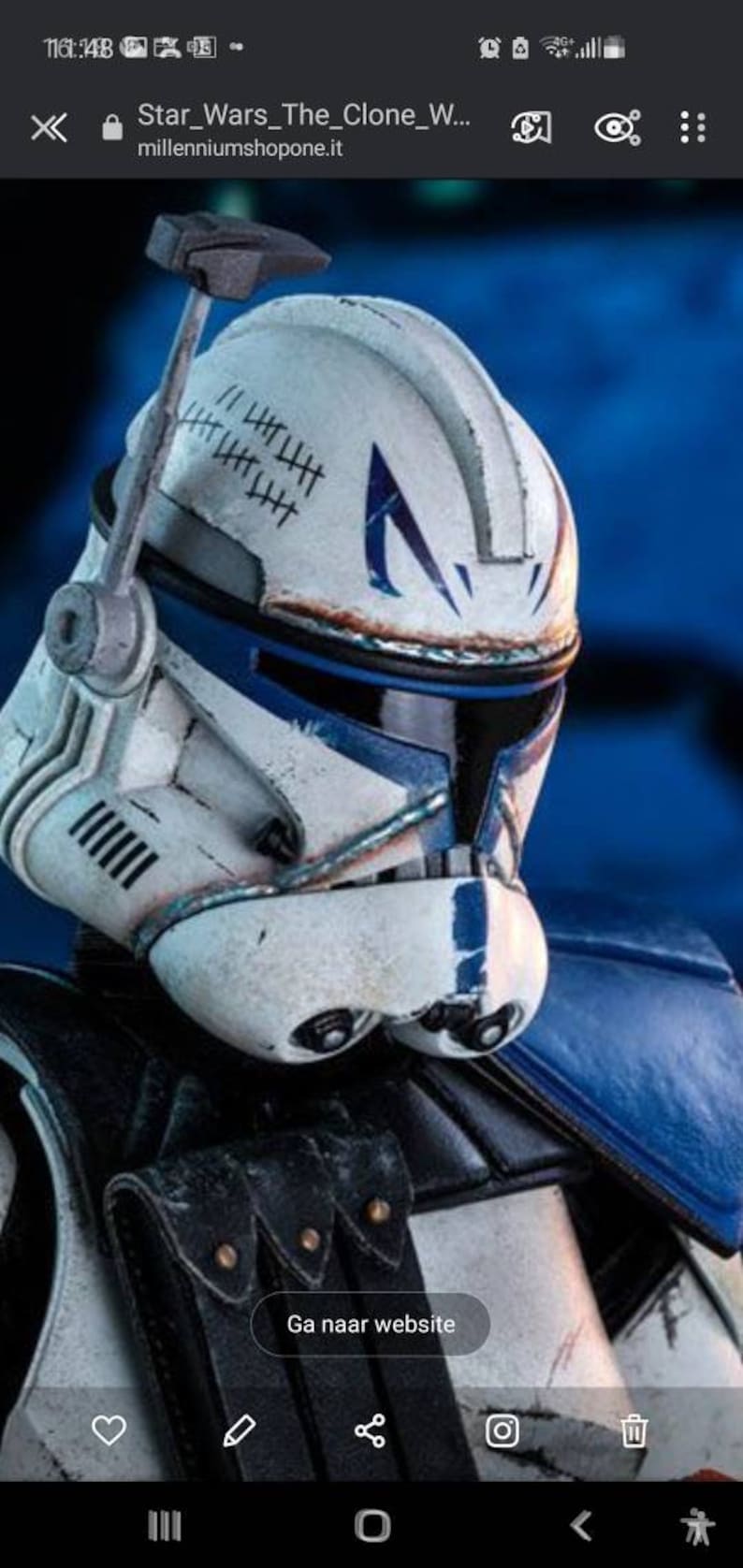 May include: A detailed close-up of a Star Wars Clone Trooper helmet. The helmet is primarily white with blue accents and markings, including tally marks. The image showcases the helmet's design and battle-worn appearance.
