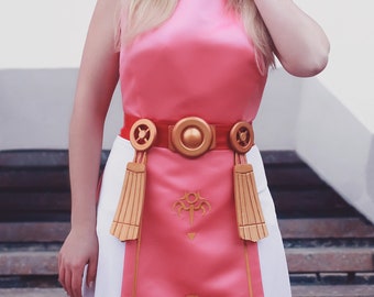 Princess Zelda Cosplay Tunic Apron Costume Legend of Zelda Cosplay Outfit, Pink Zelda Dress with Belt Female Halloween Costume Idea