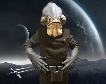 May include: A person wearing a black costume with a grey and brown alien head mask. The person is standing in front of a backdrop of a planet and stars.