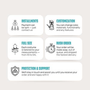 May include: A graphic with text and icons detailing costume services. Includes "Installments", "Customization", "Full Size", "Rush Order", and "Protection & Support" with corresponding icons and descriptions. The text is in a teal color.