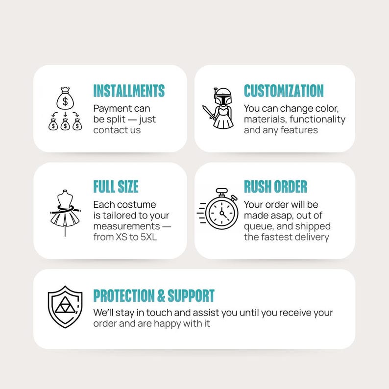 May include: A graphic with text and icons detailing costume services. Includes "Installments", "Customization", "Full Size", "Rush Order", and "Protection & Support" with corresponding icons and descriptions. The text is in a teal color.