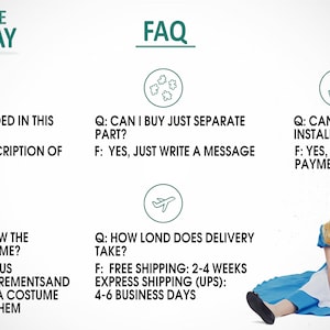 May include: A graphic with frequently asked questions about costume cosplay. The graphic includes icons for a person, puzzle pieces, a hand holding money, a measuring tape, and an airplane. The text includes questions about what is included in the costume, if you can buy just a separate part, if you can pay in installments, how to know the costume will fit, and how long delivery takes.