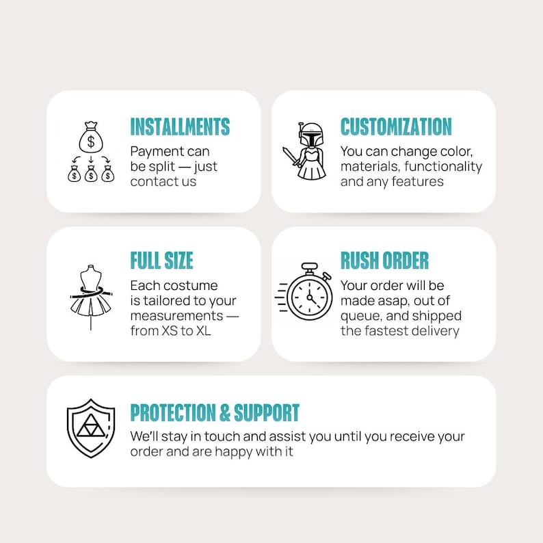 Op de afbeelding: Een infographic met vijf secties met iconen en tekst: INSTALLMENTS Payment can be split, CUSTOMIZATION You can change color materials functionality, FULL SIZE Each costume is tailored to your measurements, RUSH ORDER Your order will be made asap, en PROTECTION & SUPPORT We'll stay in touch.