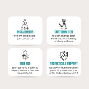 May include: Four white square information cards with black icons and text. Top left: money bag icon, INSTALLMENTS, Payment can be split. Top right: helmeted figure icon, CUSTOMIZATION, You can change color. Bottom left: dress form icon, FULL SIZE, XS to 5XL. Bottom right: shield icon, PROTECTION & SUPPORT.