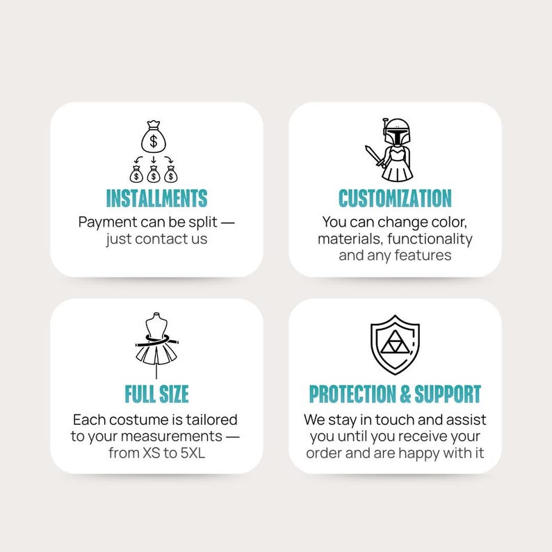 May include: Four white square information cards with black icons and text. Top left: money bag icon, INSTALLMENTS, Payment can be split. Top right: helmeted figure icon, CUSTOMIZATION, You can change color. Bottom left: dress form icon, FULL SIZE, XS to 5XL. Bottom right: shield icon, PROTECTION & SUPPORT.