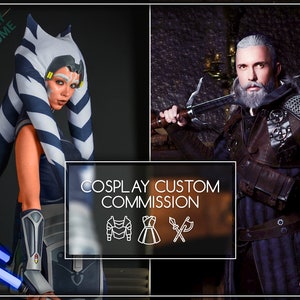 May include: A collage of two images showcasing custom cosplay commissions. The left image features a woman in a blue and white costume with a blue lightsaber. The right image features a man in a dark blue tunic and leather armor holding a sword. The text "COSPLAY CUSTOM COMMISSION" is displayed in the center of the image with icons of a dress, armor, and a sword and axe.