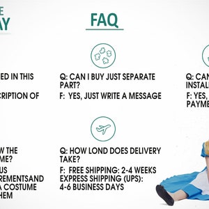 May include: A graphic with frequently asked questions about costume cosplay. The graphic includes icons for a person, puzzle pieces, a hand holding money, a measuring tape, and an airplane. The text includes questions about what is included in the costume, if you can buy just a separate part, if you can pay in installments, how to know the costume will fit, and how long delivery takes.