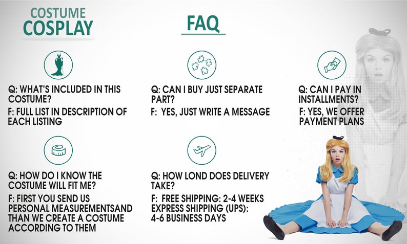 May include: A graphic with frequently asked questions about costume cosplay. The graphic includes icons for a person, puzzle pieces, a hand holding money, a measuring tape, and an airplane. The text includes questions about what is included in the costume, if you can buy just a separate part, if you can pay in installments, how to know the costume will fit, and how long delivery takes.