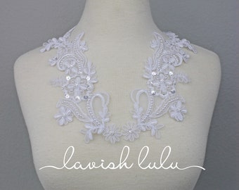 White Daisy Beaded and Sequin Appliqué Pair