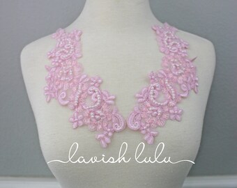 Pink Zinnia Beaded and Sequin Appliqué Pair