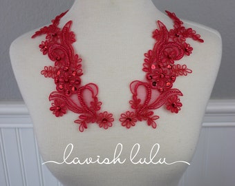 Bright Coral Daisy Beaded and Sequin Appliqué Pair