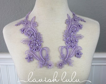 Lavender Daisy Beaded and Sequin Appliqué Pair