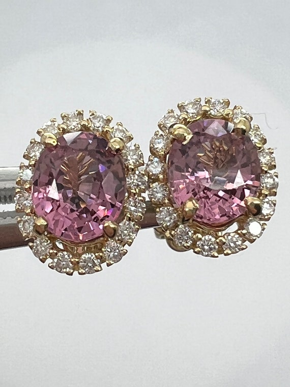 Natural Pink Sapphire earrings with diamond halos. 4tcw 14k, clean diamonds.