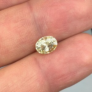 以下が含まれることがあります： 明るい黄色のオーバルカットダイヤモンド。宝石は指の間に挟まれ、その輝きと透明度を示しています。ダイヤモンドのファセットは光を反射し、きらめく効果を生み出します。全体的な色は淡い金色です。